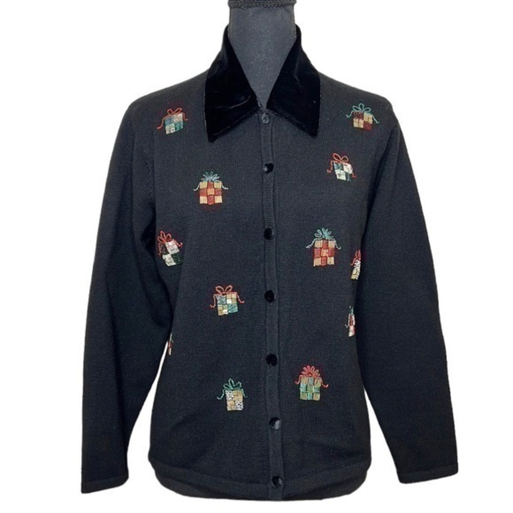 Talbots Petites Vintage Velvet Collar Beaded Holiday Cardigan Black Size Medium